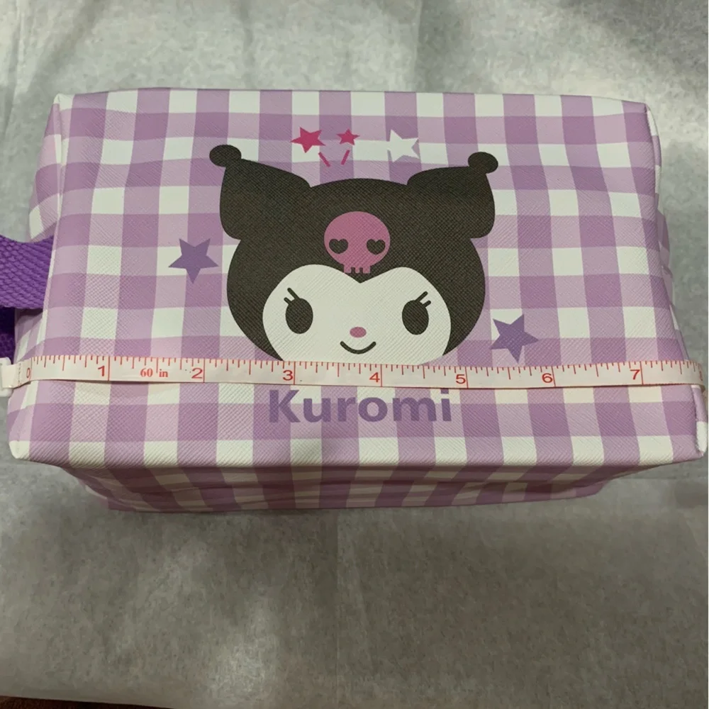 Kuromi Purple and White Gingham Check Zip Make Up Bag Pouch with Side Handle